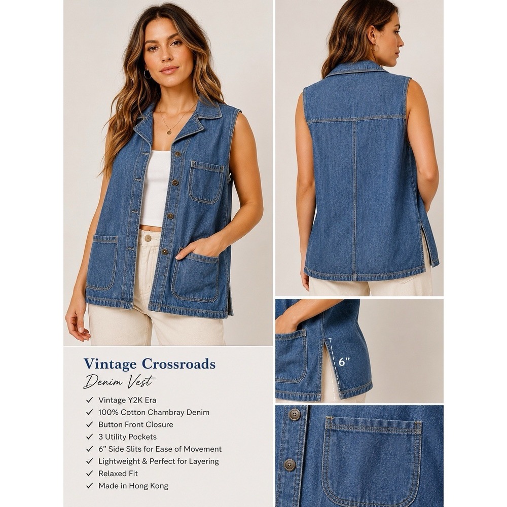 Vintage Crossroads Chambray Denim Vest Utility Pockets Side Slits Y2K Small